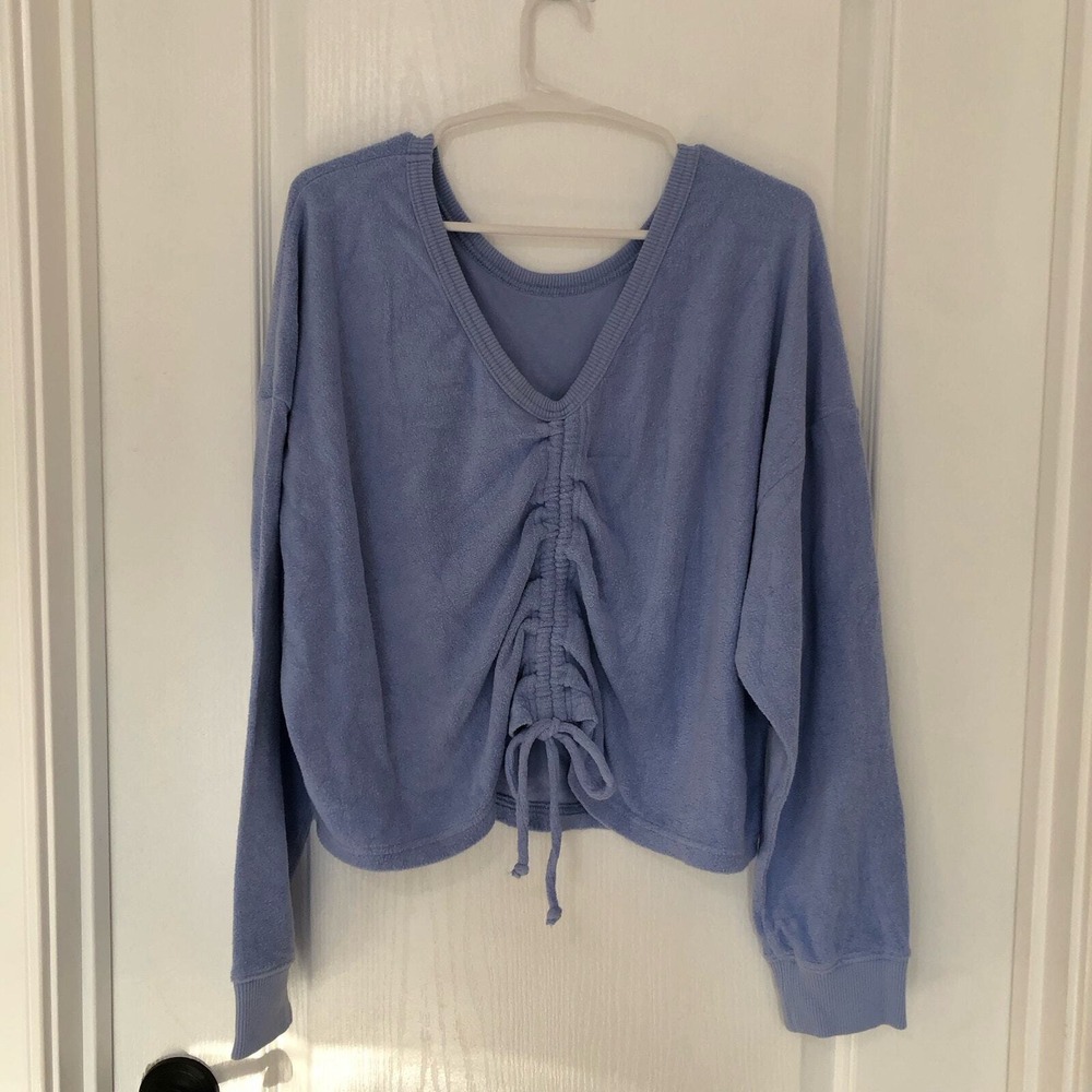 Aerie Blue Terry Cloth Cinch Front V-Neck‎ Sweatshirt Long Sleeve Large NWT